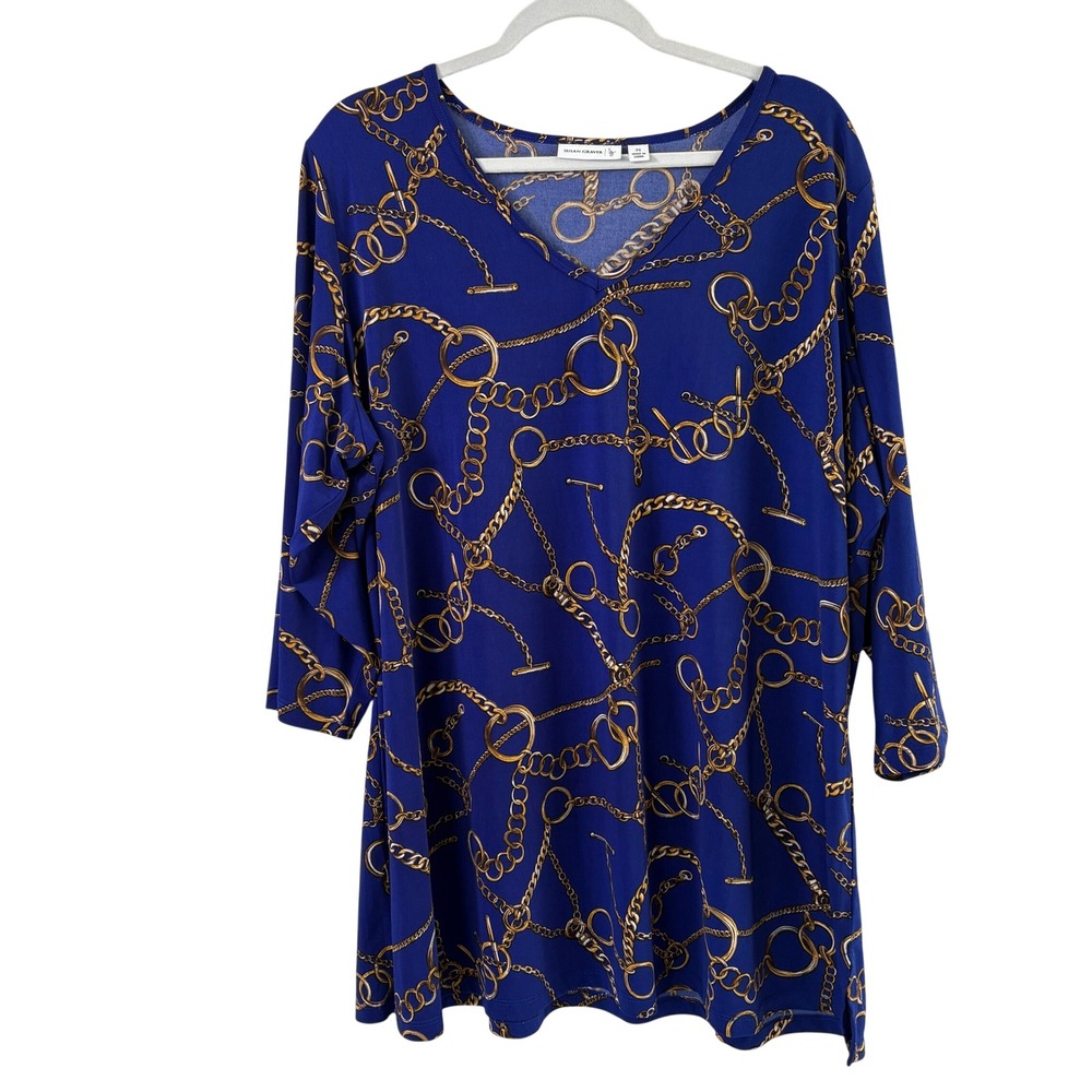 Susan Graver Top Womens 2X Blue Gold Chain Liquid Knit V-Neck A200682